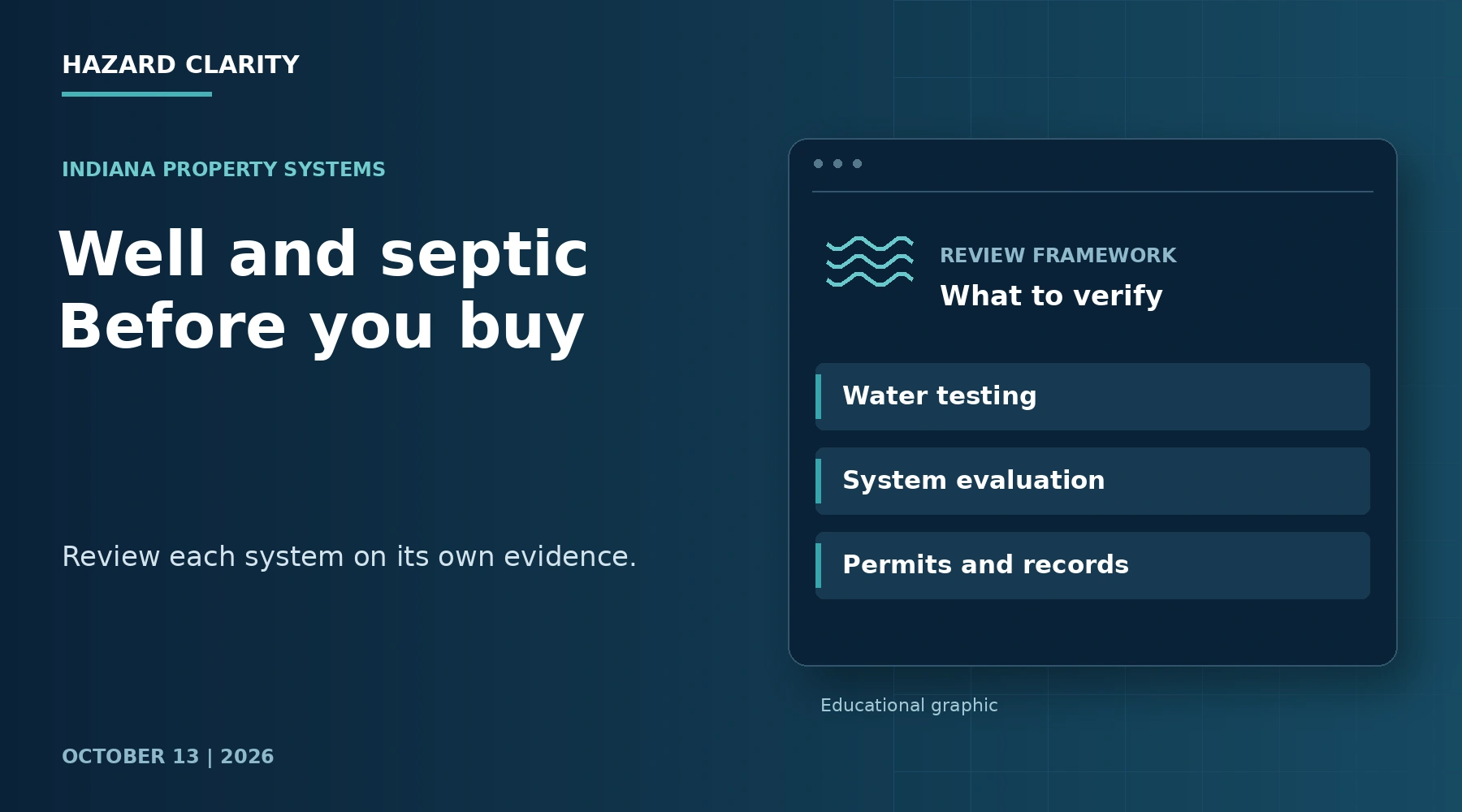 Well and septic Before you buy. Navy HC editorial graphic with Water testing, System evaluation, Permits and records.