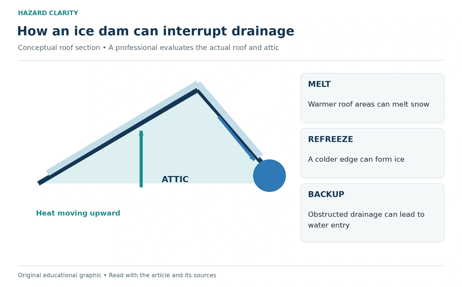 Conceptual roof section with upward heat, melt flowing toward an edge, and refreezing. Three labels explain melt, refreeze, and possible water backup. No installation dimensions are provided.